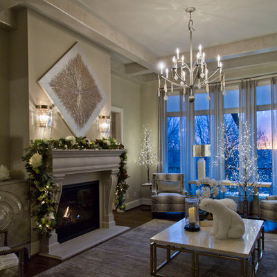 Large transitional formal and enclosed dark wood floor and brown floor living room photo in Kansas City with beige walls, a standard fireplace and a concrete fireplace