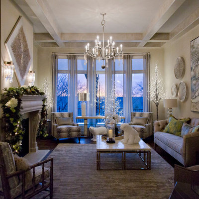 Example of a large transitional formal and enclosed dark wood floor and brown floor living room design in Kansas City with beige walls, a standard fireplace and a concrete fireplace