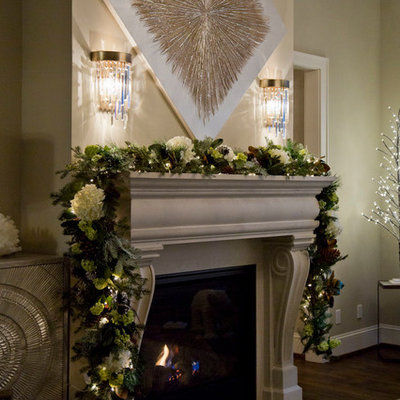 Example of a large transitional formal and enclosed dark wood floor and brown floor living room design in Kansas City with beige walls, a standard fireplace and a concrete fireplace