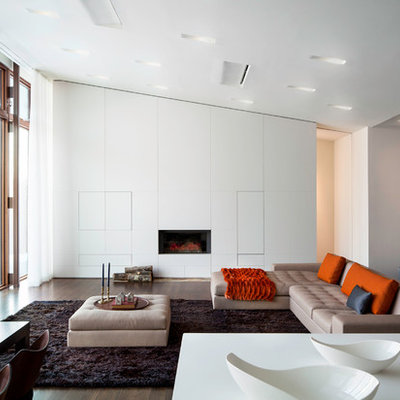 Inspiration for a modern living room remodel in New York with white walls