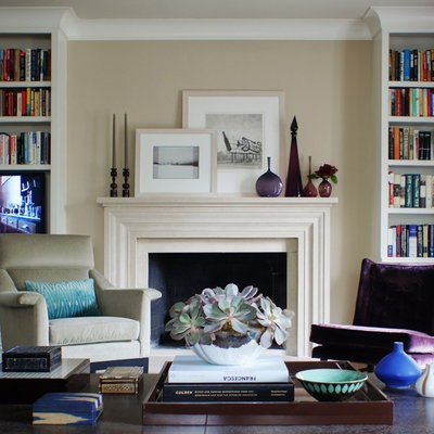 Living room - large traditional formal and open concept living room idea in New York with beige walls, a standard fireplace and a media wall