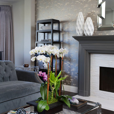 Mid-sized transitional formal and enclosed dark wood floor living room photo in Los Angeles with gray walls, a standard fireplace and a stone fireplace