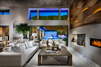 Inspiration for a large contemporary formal and open concept multicolored floor living room remodel in San Diego with white walls, a ribbon fireplace, a stone fireplace and no tv