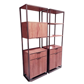 African Mahogany and Steel Liquor/Storage Cabinets