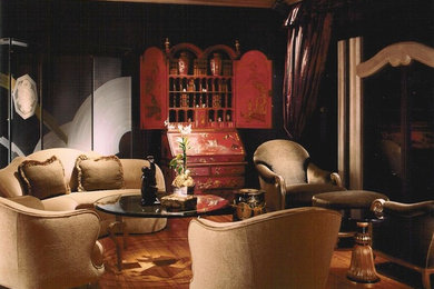 Diseño de salón para visitas cerrado clásico de tamaño medio sin chimenea y televisor con paredes negras y suelo de madera en tonos medios