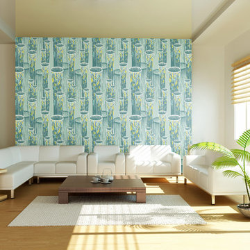 Airy living room with colourful wallpaper