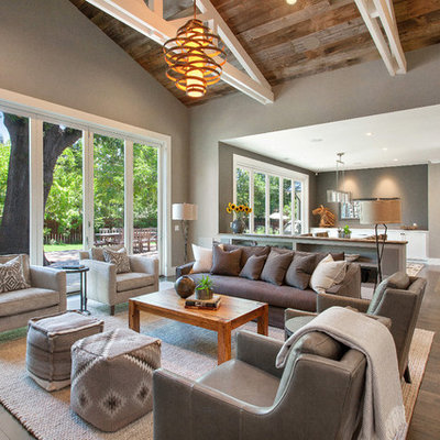 Living room - mid-sized country open concept medium tone wood floor living room idea in San Francisco with gray walls