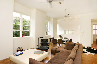 Imagen de salón para visitas abierto contemporáneo de tamaño medio con paredes blancas, suelo de madera clara y suelo multicolor