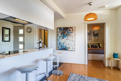 Kleines, Offenes Modernes Wohnzimmer mit weißer Wandfarbe, Laminat und braunem Boden in Perth