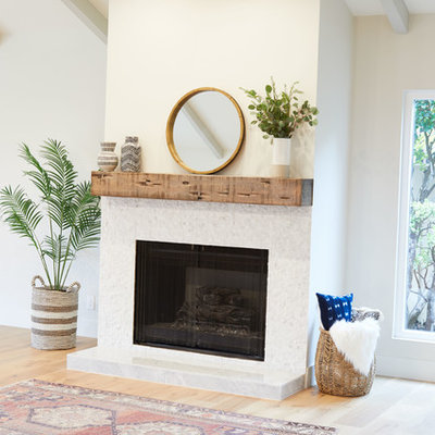 Living room - large country formal and open concept light wood floor and beige floor living room idea in San Diego with white walls, a standard fireplace and a tile fireplace