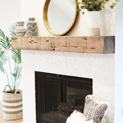 Inspiration for a large country open concept and formal light wood floor and beige floor living room remodel in San Diego with white walls, a standard fireplace and a tile fireplace