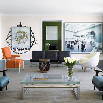 Eclectic living room photo in Chicago with beige walls and a standard fireplace