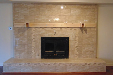 Example of a mid-sized classic open concept medium tone wood floor living room design in Austin with a standard fireplace, a tile fireplace and beige walls