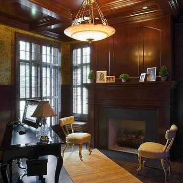 American Cherry Library with Coffered Ceiling and honed Black Absolute Fireplace