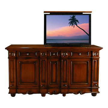 Anadaluz Hand Craved Flat Screen TV Lift Cabinet, US Made TV Lift Furniture