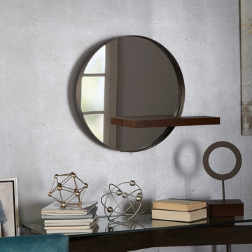 Anah Round Metal Mirror With Wood Shelf Combo, Gunmetal
