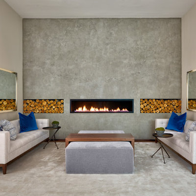 Living room - mid-sized contemporary enclosed dark wood floor living room idea in Charlotte with a bar, gray walls, a ribbon fireplace, a concrete fireplace and no tv