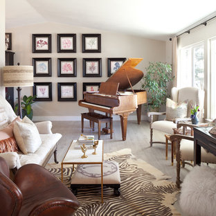 Mid-sized elegant enclosed light wood floor and gray floor living room photo in Denver with a music area, beige walls, no fireplace and no tv