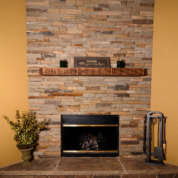 Angled-Wall Fireplace with Dry-Stack Natural Stone Veneer