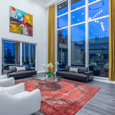 Trendy gray floor living room photo in Seattle with gray walls