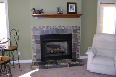 Transitional living room photo in Detroit with green walls, a standard fireplace and a tile fireplace
