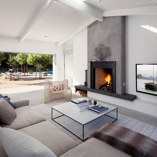 Living room - scandinavian living room idea in Santa Barbara with white walls, a standard fireplace and a wall-mounted tv