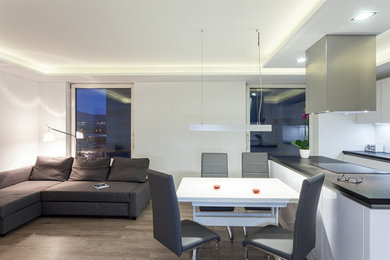 Imagen de salón moderno pequeño con paredes blancas, suelo de madera oscura y televisor colgado en la pared