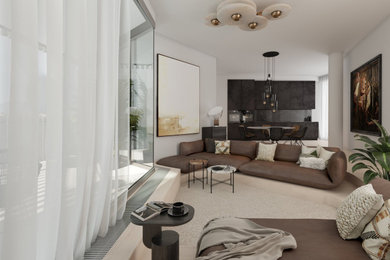 Photo of a large contemporary open plan living room in Berlin with white walls, light hardwood flooring and a wall mounted tv.