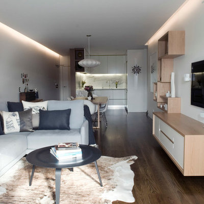 Living room - mid-sized modern open concept medium tone wood floor living room idea in Sydney with white walls, a wall-mounted tv and no fireplace