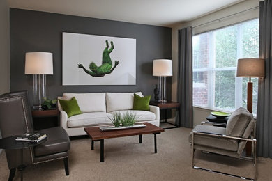 Example of a mid-sized trendy carpeted living room design in Detroit with gray walls