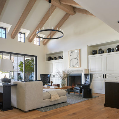 Example of a transitional medium tone wood floor and brown floor living room design in Phoenix with white walls and a standard fireplace