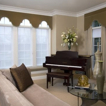 Arched Cornice Boards in Neutral Living Room