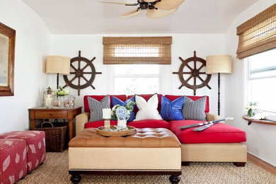 Inspiration for a small coastal enclosed carpeted living room remodel in Orange County with white walls