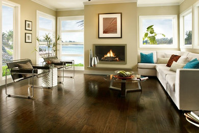 Mid-sized trendy dark wood floor and brown floor living room photo in Los Angeles with beige walls, a standard fireplace and a plaster fireplace