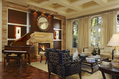 Example of a large trendy formal and enclosed dark wood floor living room design in Miami with beige walls, no tv, a standard fireplace and a stone fireplace