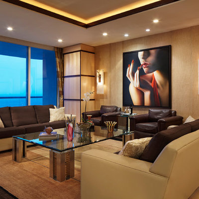 Example of a large trendy formal and enclosed light wood floor living room design in Miami with beige walls, no fireplace and no tv