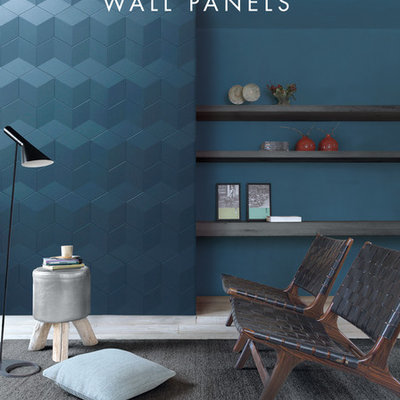 Example of a trendy living room design in Other with blue walls
