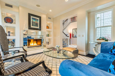 Example of a mid-sized trendy formal and enclosed carpeted living room design in Los Angeles with white walls and a standard fireplace