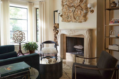 Example of a large eclectic formal and enclosed dark wood floor living room design in Chicago with white walls, a standard fireplace and a stone fireplace