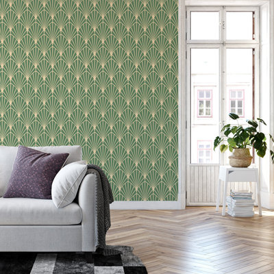 Inspiration for a large timeless loft-style wallpaper living room remodel in Portland with green walls
