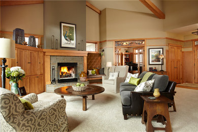 Inspiration for a large craftsman formal and open concept carpeted living room remodel in Minneapolis with beige walls, a standard fireplace, no tv and a tile fireplace