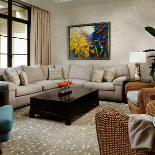 Example of a large zen open concept carpeted and beige floor living room design in Wichita with beige walls, no fireplace and no tv