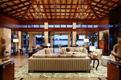 Imagen de salón para visitas abierto de estilo zen grande sin televisor y chimenea con paredes beige, suelo beige y alfombra