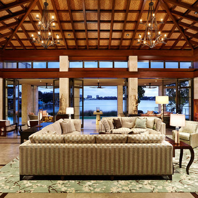 Large asian formal and open concept beige floor living room photo in Wichita with beige walls, no tv and no fireplace