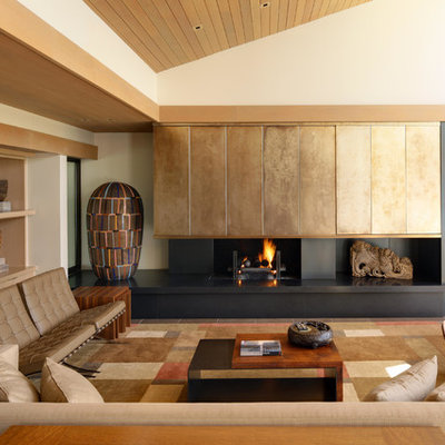 Small zen formal and open concept living room photo in San Diego with white walls, a metal fireplace, a standard fireplace and a concealed tv