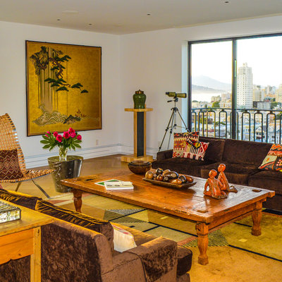 Inspiration for an asian medium tone wood floor living room remodel in San Francisco with white walls