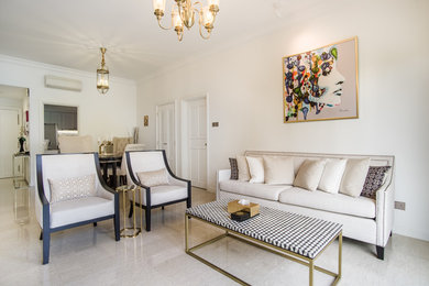 This is an example of a traditional formal open plan living room in Singapore with white walls and beige floors.