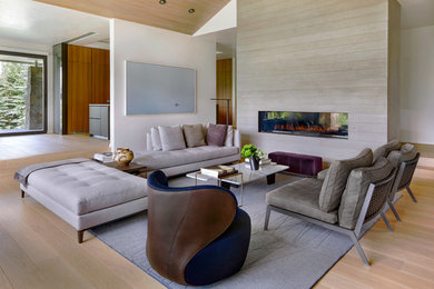 Example of a large minimalist formal and open concept light wood floor and beige floor living room design in Denver with white walls, a ribbon fireplace, a concrete fireplace and no tv