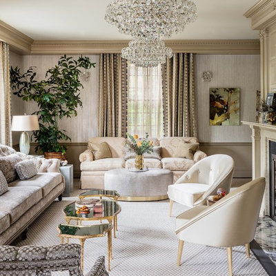 Elegant formal and enclosed carpeted and gray floor living room photo in Orlando with beige walls and a standard fireplace