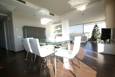 Large trendy dark wood floor dining room photo in Other with white walls and no fireplace